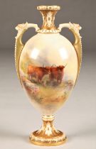 Royal Worcester twin handled vase, ovoid form raised on a circular foot, hand painted with