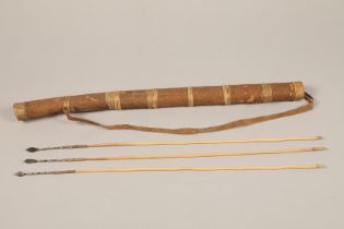 Bushman of the Kalahari desert, San People three arrows along with a quiver made from bark, length