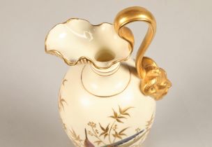 Royal Worcester ewer, baluster form, square foot, gilt scroll handle with bacchus mask, decorated
