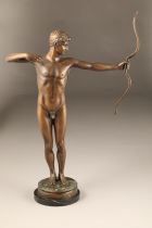 1920's Bronze figure of an archer, unsigned, mounted to a black marble base, height 61cm