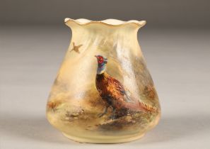 Royal Worcester Vase, pinched rim, decorated with hand painted pheasants in landscape, signed