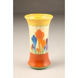 Clarice Cliff Bizarre vase in the crocus design, hand painted floral spray between brown and