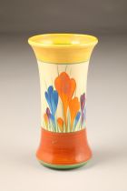 Clarice Cliff Bizarre vase in the crocus design, hand painted floral spray between brown and