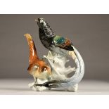 Karl Ens porcelain silver pheasant group figure, stamped Ens, Height 28cm