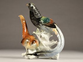 Karl Ens porcelain silver pheasant group figure, stamped Ens, Height 28cm