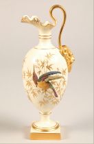 Royal Worcester ewer, baluster form, square foot, gilt scroll handle with bacchus mask, decorated