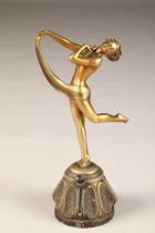 Continental cold painted art deco bronze lady figure table lighter, modelled as a dancing maiden,