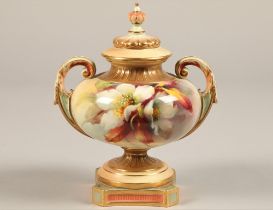 Royal Worcester vas and cover, twin scroll handles raised on square base decorated with hand painted