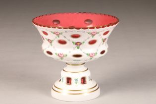 Bohemian white overlay and ruby glass bowl, raised on a circular foot, decorated with hand painted