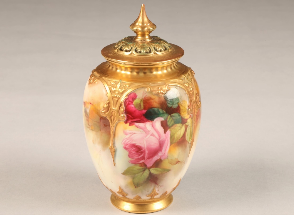 Royal Worcester vase and cover, decorated with hand painted roses, gilt enrichments, No 169, date - Image 3 of 7