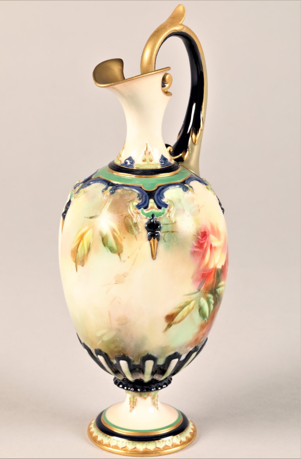 Hadley's Worcester ewer baluster form, scroll handle raised on a circular foot, hand painted with - Image 7 of 7