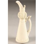 Royal Worcester ewer, tapered cylindrical form, reticulated spherical neck, scroll handle 'Blanc