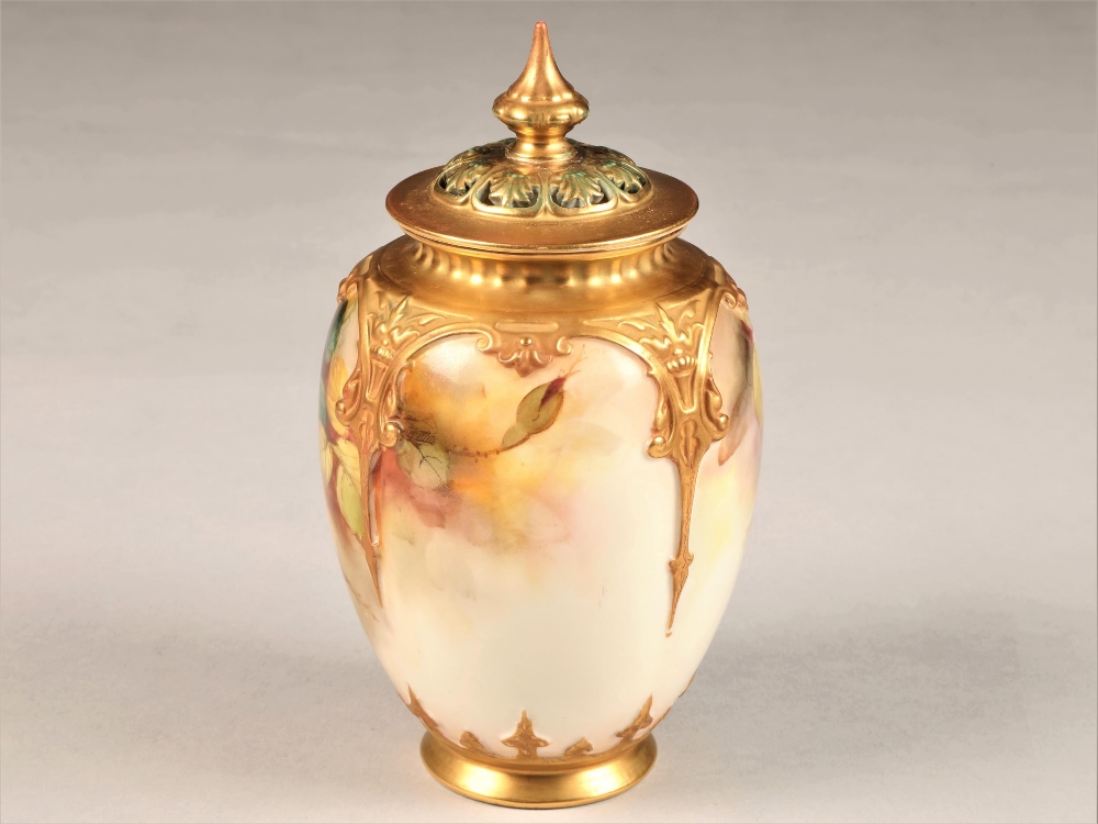 Royal Worcester vase and cover, decorated with hand painted roses, gilt enrichments, No 169, date - Image 4 of 7
