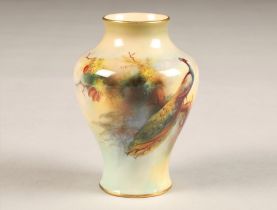 Royal Worcester Vase, decorated with hand painted peacock in landscape, signed FJ Bray, 2491 date