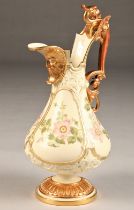 Royal Worcester ewer, gilt winged dragon handle and gilt face mask spout, decorated with hand