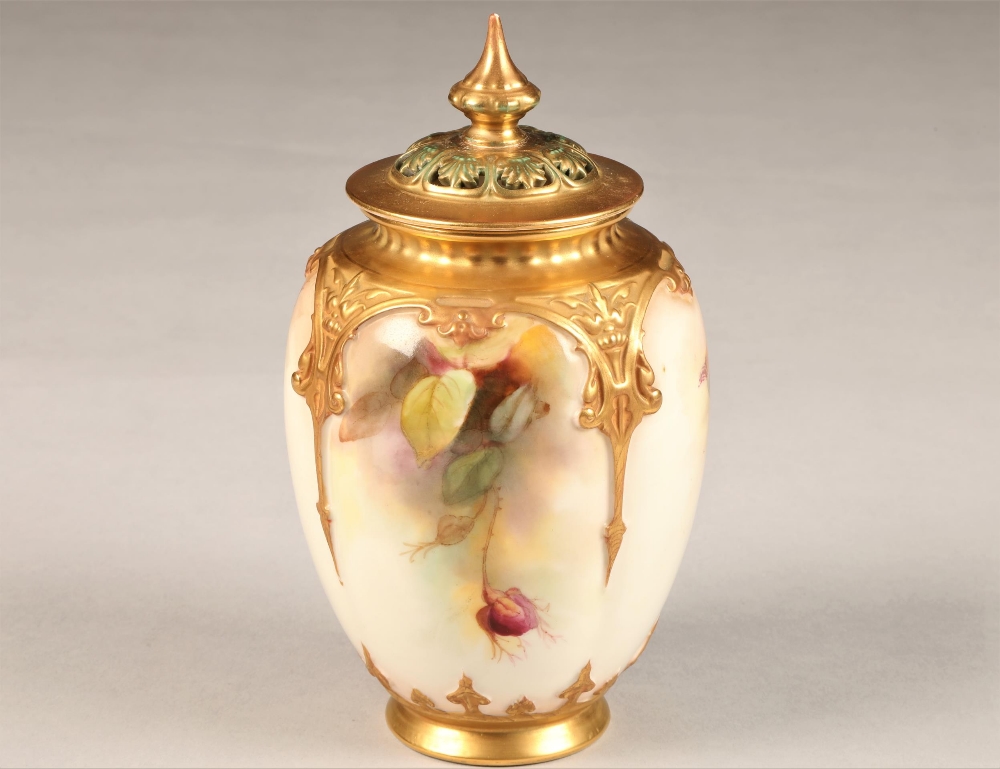 Royal Worcester vase and cover, decorated with hand painted roses, gilt enrichments, No 169, date - Image 5 of 7