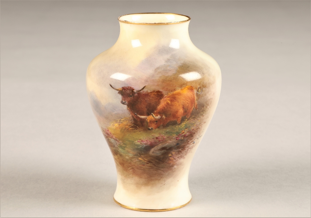 Royal Worcester vase, baluster form, decorated with hand painted highland cattle in landscape,