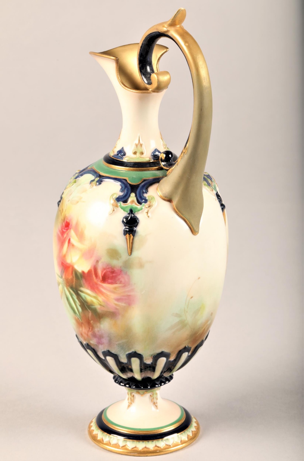 Hadley's Worcester ewer baluster form, scroll handle raised on a circular foot, hand painted with - Image 3 of 7