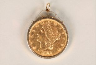 Gold twenty dollar coin 1900, in a 9ct gold pendant mount, total weight 37g