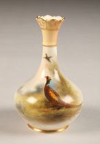 Royal Worcester vase, bottle form, decorated with hand painted pheasants in a landscape, signed