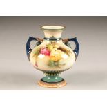 Royal Worcester twin handled vase, hand painted pink and yellow roses, gilt enrichments, date