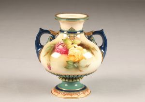 Royal Worcester twin handled vase, hand painted pink and yellow roses, gilt enrichments, date