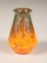 Scottish monart glass vase, mottled orange and green with gold aventurine, height 13cm
