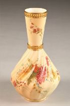 Royal Worcester vase, bottle form, with spiral twist, hand painted flowers, gilt enrichments, No