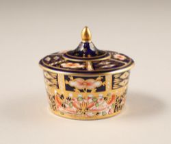 Royal Crown Derby bone china trinket dish and cover, decorated with Imari pattern, diameter 7.5cm,