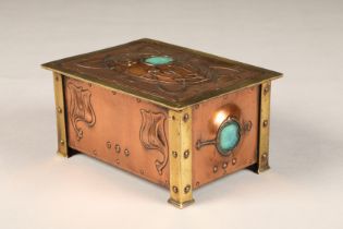 McVitie and Paige arts and crafts brass and copper biscuit box with a lock and key, green velvet