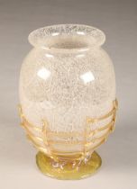 WMF Ikora glass vase of baluster form, mottled white with applied iridescent ribbing and foot, circa