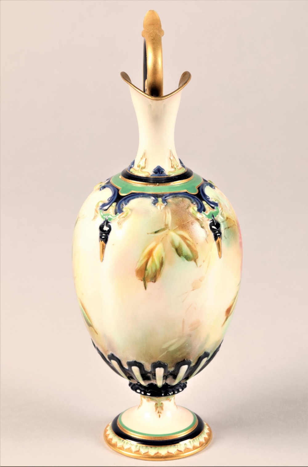 Hadley's Worcester ewer baluster form, scroll handle raised on a circular foot, hand painted with - Image 4 of 7