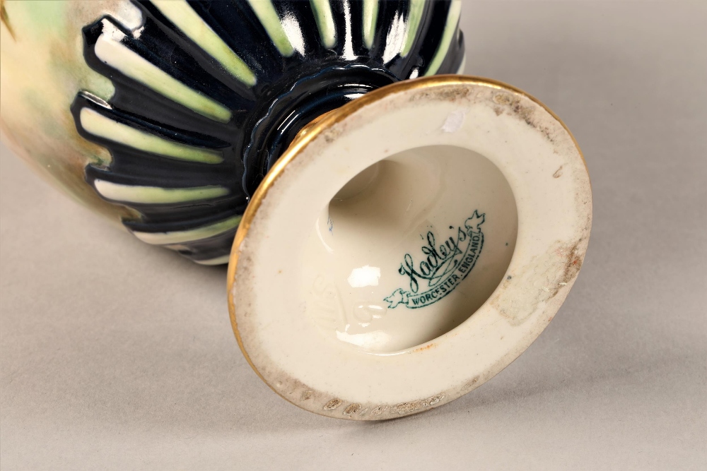 Hadley's Worcester ewer baluster form, scroll handle raised on a circular foot, hand painted with - Image 6 of 7
