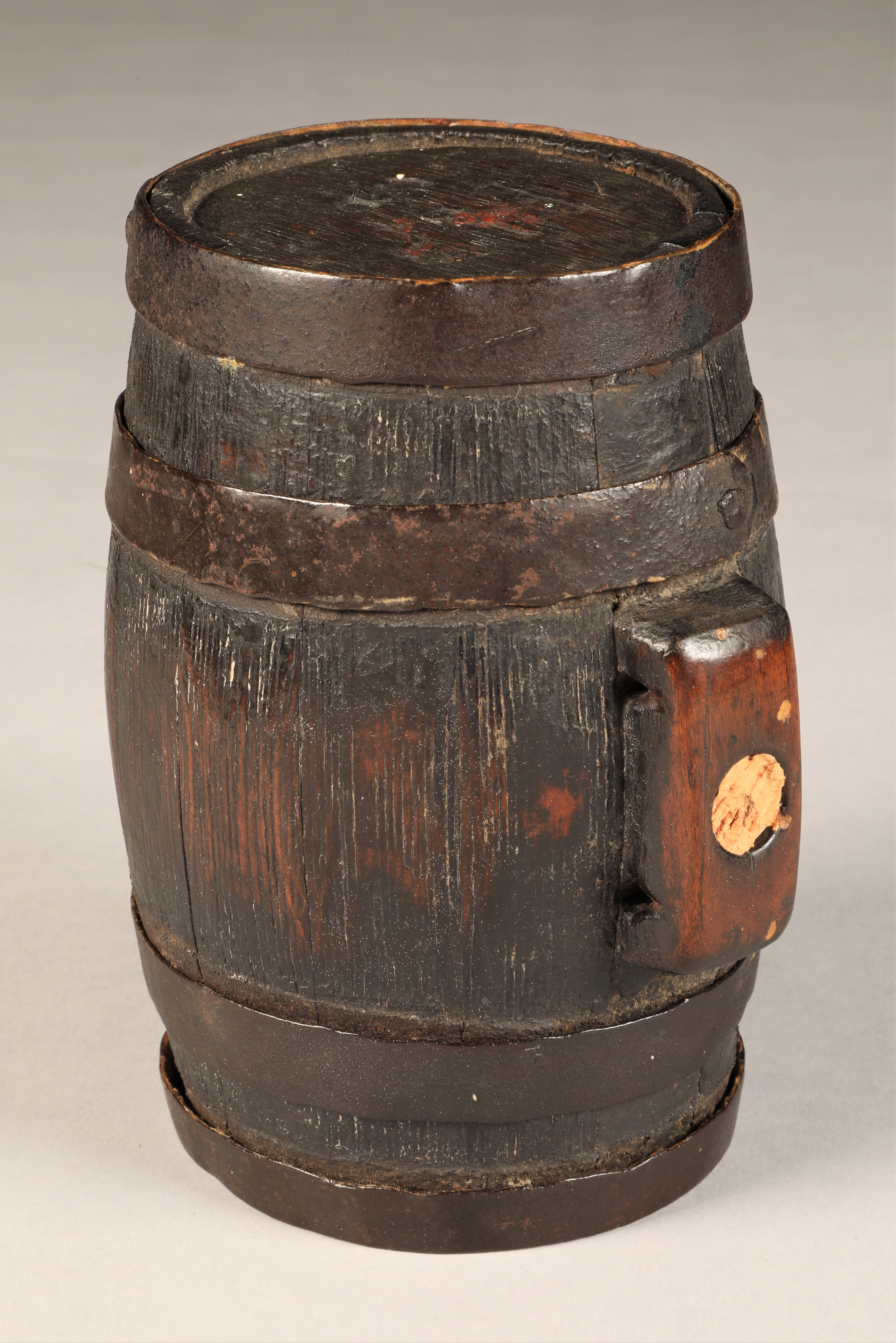 18th/19th century small cask brandy barrel, iron bound possibly for a St. Bernard dog, with strap