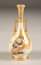 Royal Worcester twin handled bottle shaped vase, decorated with hand painted hoopoe, No 924, date