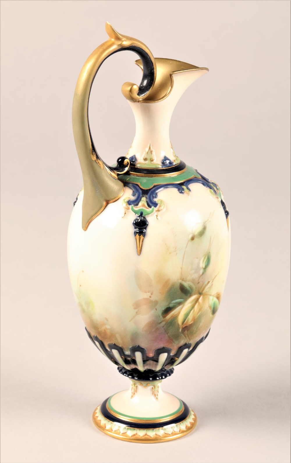 Hadley's Worcester ewer baluster form, scroll handle raised on a circular foot, hand painted with - Image 5 of 7