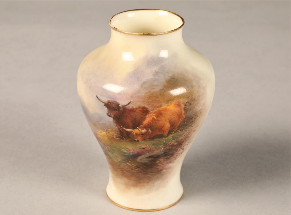 Royal Worcester vase, baluster form, decorated with hand painted highland cattle in landscape, - Image 2 of 5