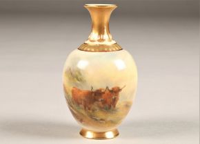 Royal Worcester vase baluster form, decorated with hand painted highland cattle in landscape, signed