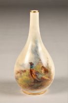 Royal Worcester Vase, bottle form, decorated with hand painted pheasants in landscape signed James