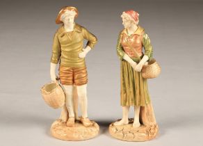 Pair Royal Worcester figure ornaments, a Dutch fisherman and woman with wicker baskets, No 1202,