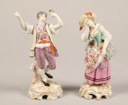 Pair 19th century Meissen style figures, blue crossed swords and incised numbers to base