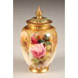 Royal Worcester vase and cover, decorated with hand painted roses, gilt enrichments, No 169, date