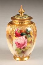 Royal Worcester vase and cover, decorated with hand painted roses, gilt enrichments, No 169, date