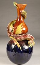 Burmantofts Faience pottery dragon vase, double gourd shaped vase with an applied dragon coiled