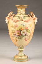 Royal Worcester vase, baluster form, pinched neck with Bacchus mask handles, raised on a circular