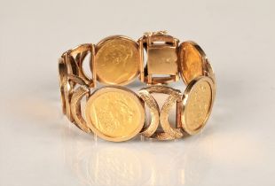 9ct gold sovereign bracelet comprising of five gold sovereigns, Victorian gold sovereign 1872 (young