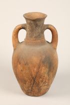 Ancient terracotta pot with twin handles, Eastern possibly Egyptian, decorated with Geometric line