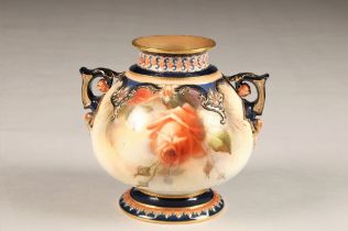 Hadley's Worcester twin handle vase, hand painted with roses, gilt enrichments, height 15.5cm