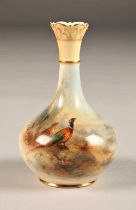 Royal Worcester vase, bottle form, decorated with hand painted pheasants in a landscape, signed