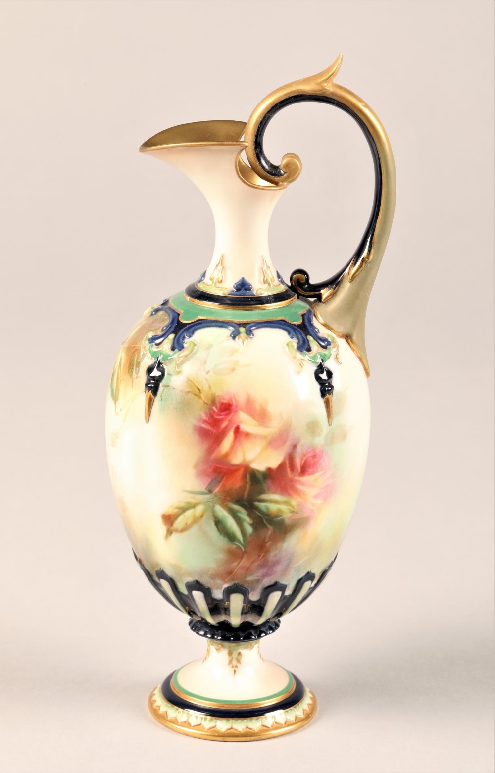 Hadley's Worcester ewer baluster form, scroll handle raised on a circular foot, hand painted with - Image 2 of 7